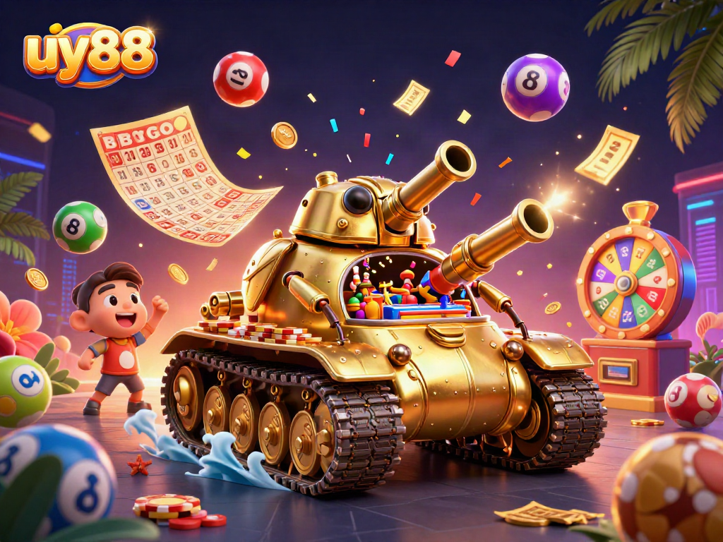 Experience the excitement of uy88 with a vibrant casino tank illustration and colorful game elements.