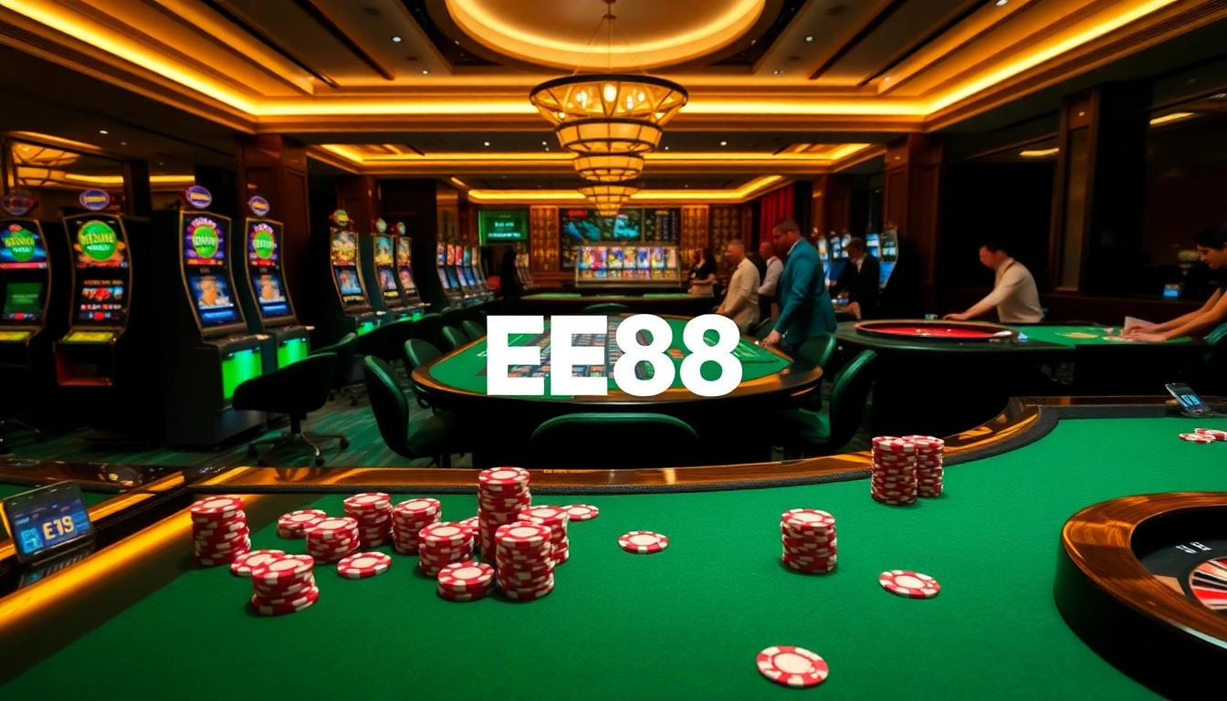 Experience the thrill of gambling at EE88 with vibrant casino tables and eager players.