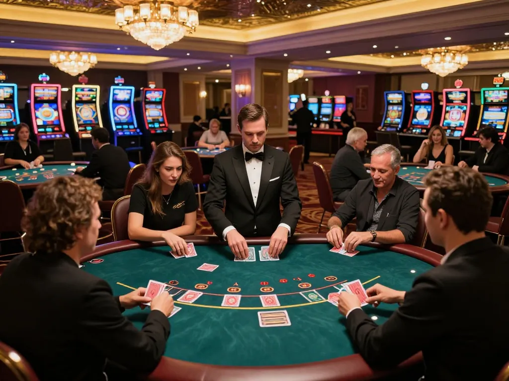 Players enjoying poker at 888top's elegant casino, vibrant atmosphere and excitement reflecting in their interactions.