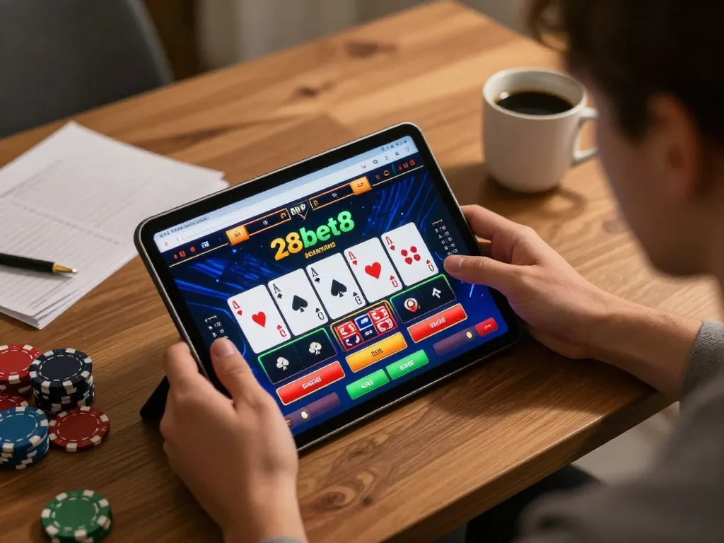 Player engaging in online gaming at 28bet8, focused on tablet showing poker game.