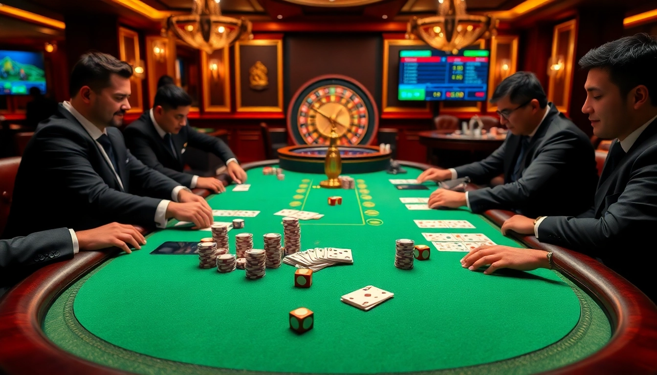 Hi88 poker players engaged in an intense competition at a vibrant casino table.