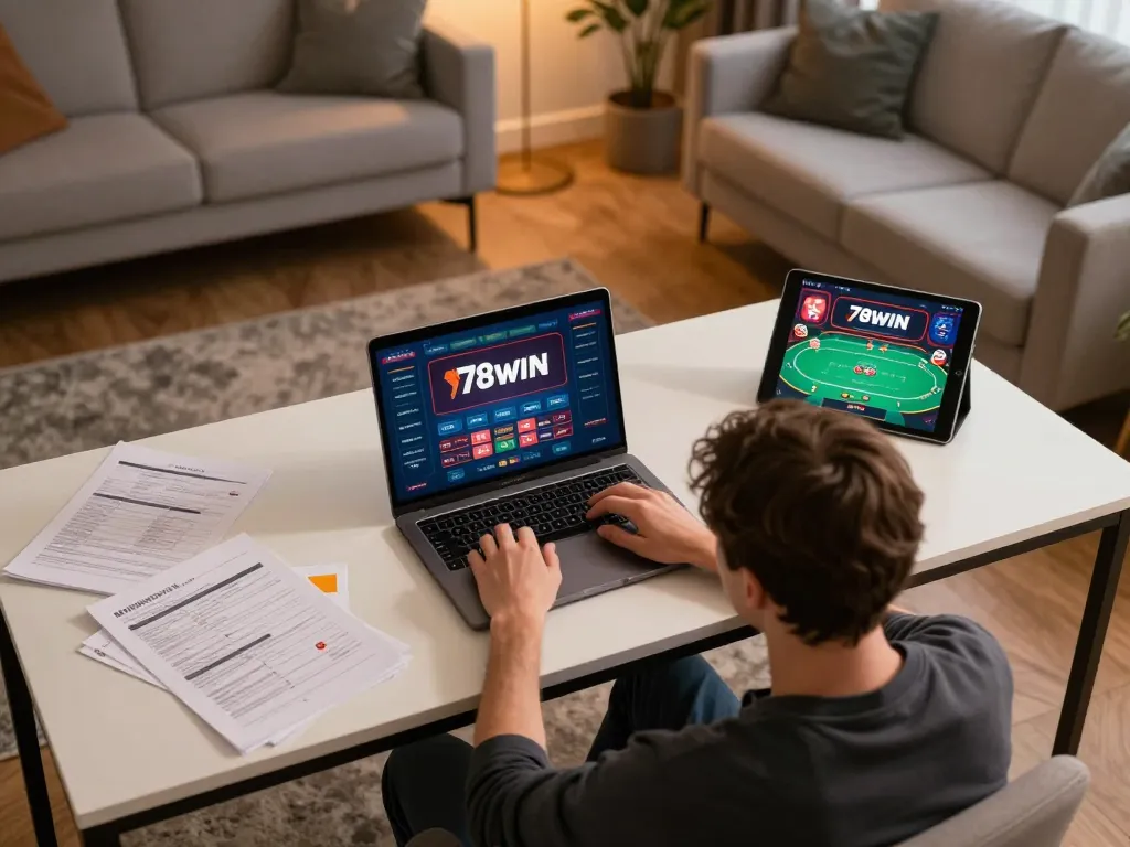 Person enjoying 78win online gaming on a cozy laptop setup, blending strategy and fun in their home.