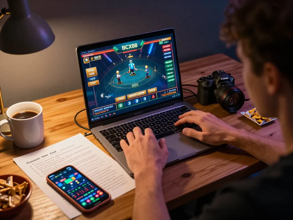Experience dynamic gameplay with BCX88 in a cozy home gaming setup, laptop displaying exciting casino games