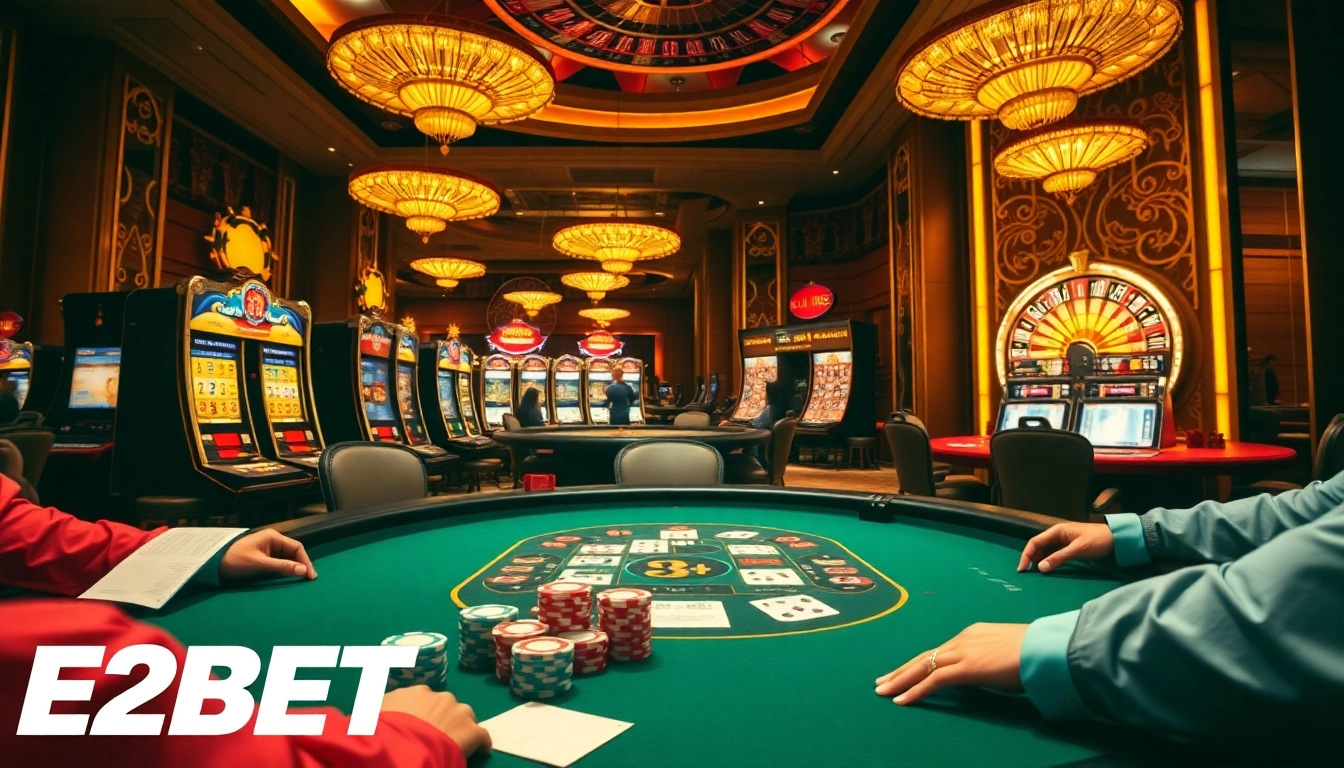 Players strategizing at a lavish E2BET poker table in an elite casino setting.