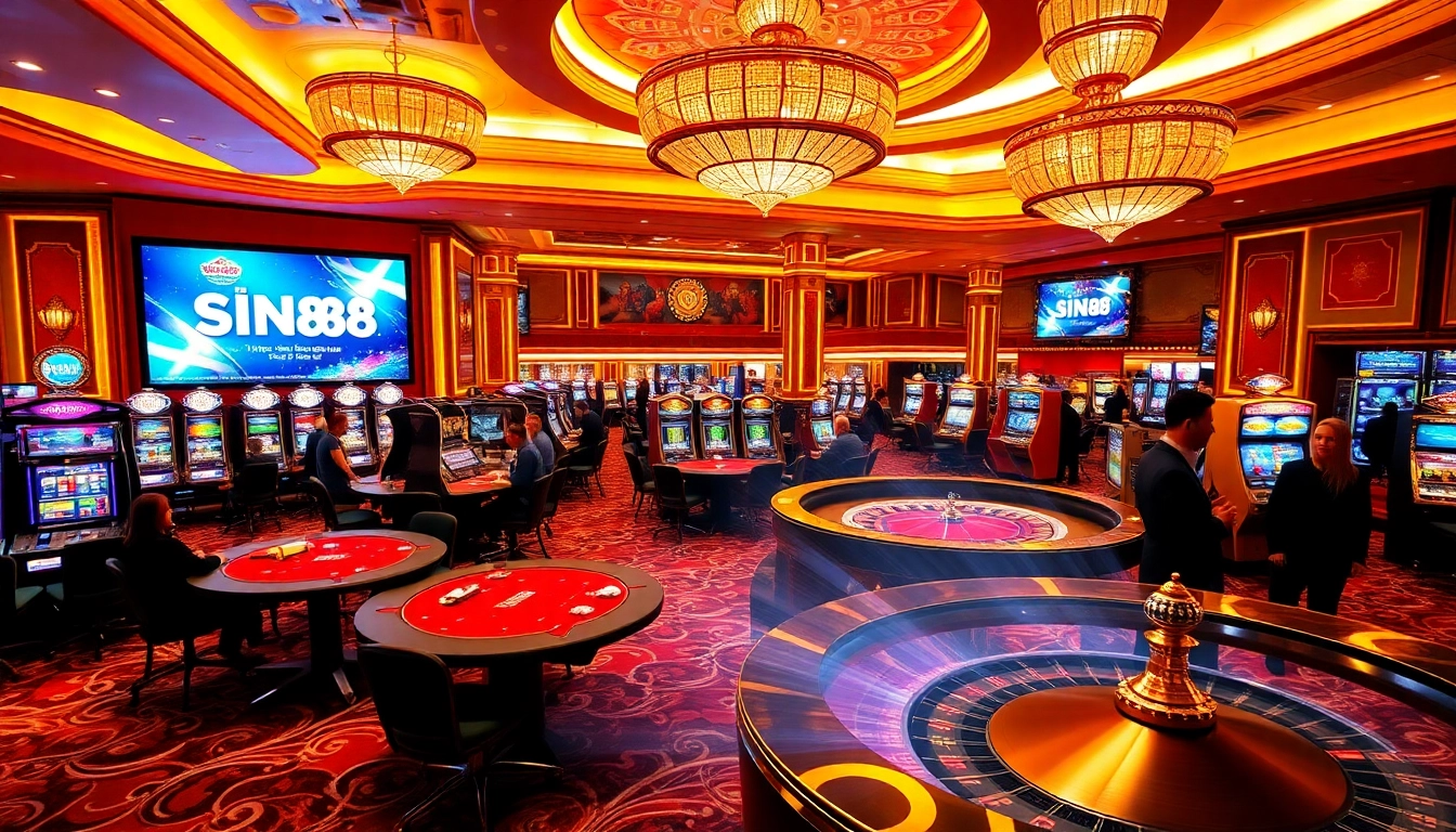 SIN88 casino gaming floor featuring exciting poker and slot machines, vibrant atmosphere.