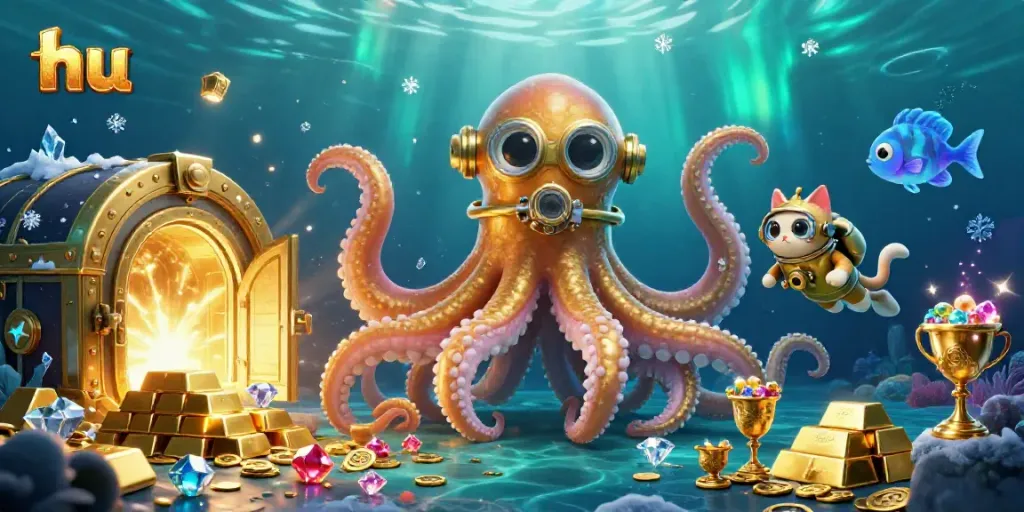 Experience thrilling wins at hu's online casino, featuring a colossal kraken treasure hunt scene with deep-sea adventures and treasures.