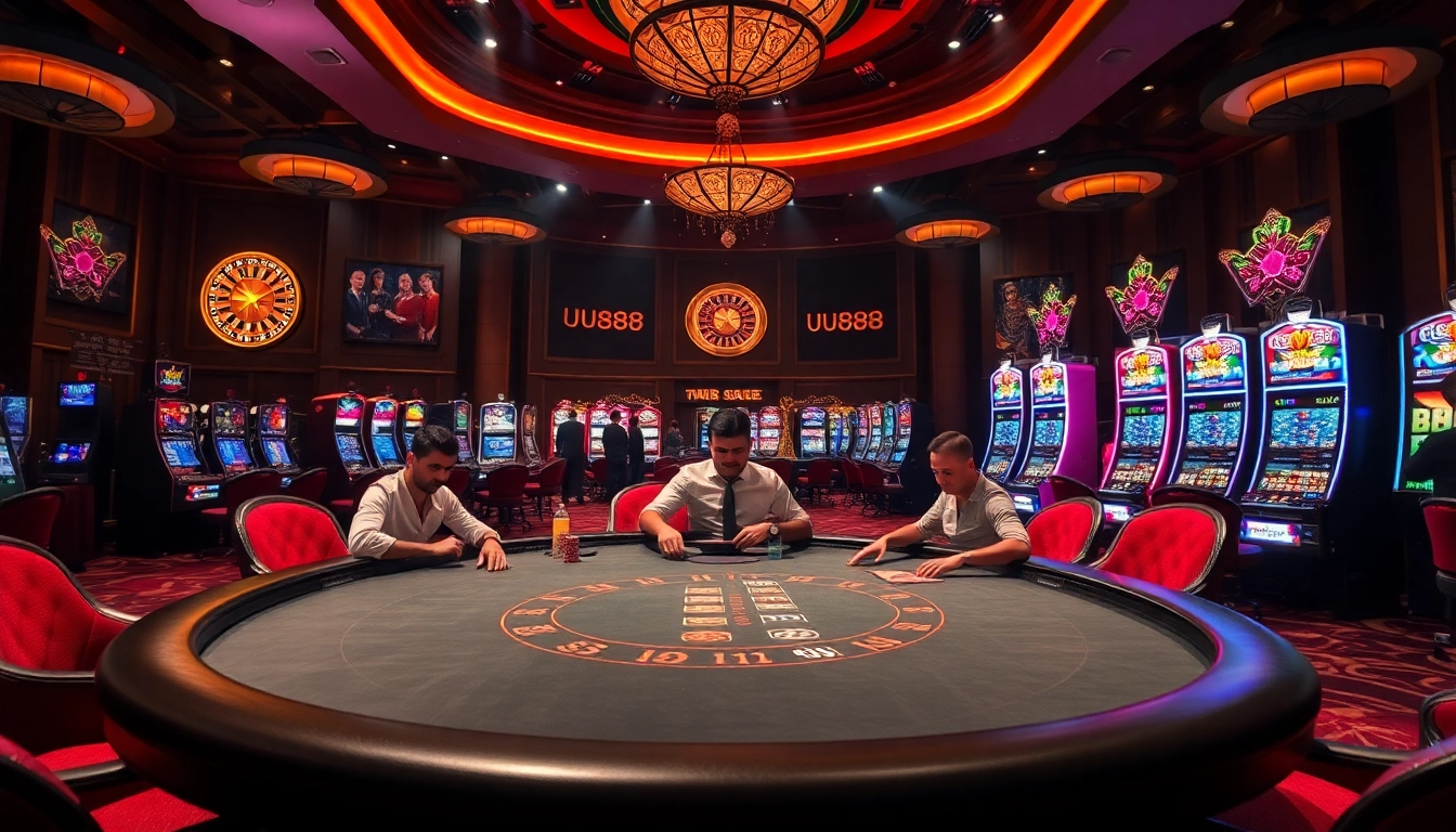 High-stakes poker action at UU88's luxurious casino table featuring vibrant game elements.