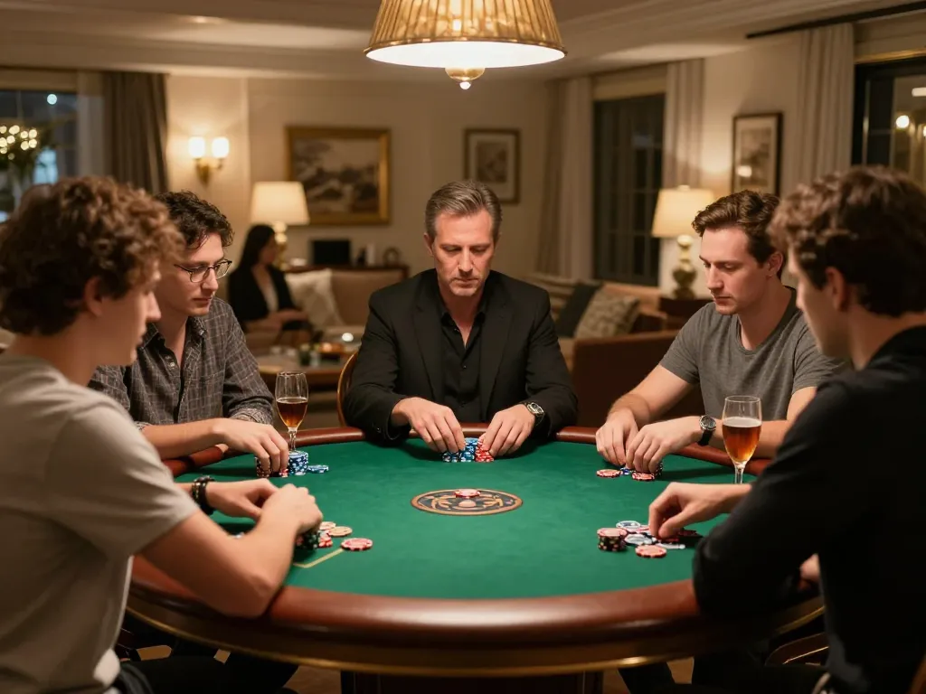 Engaged players strategizing at a go88 poker night, showcasing candles, chips, and warm ambiance.
