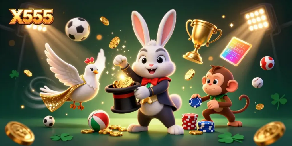 Experience the thrilling X555 online gaming atmosphere with a dynamic illustration of casino characters and sports elements.