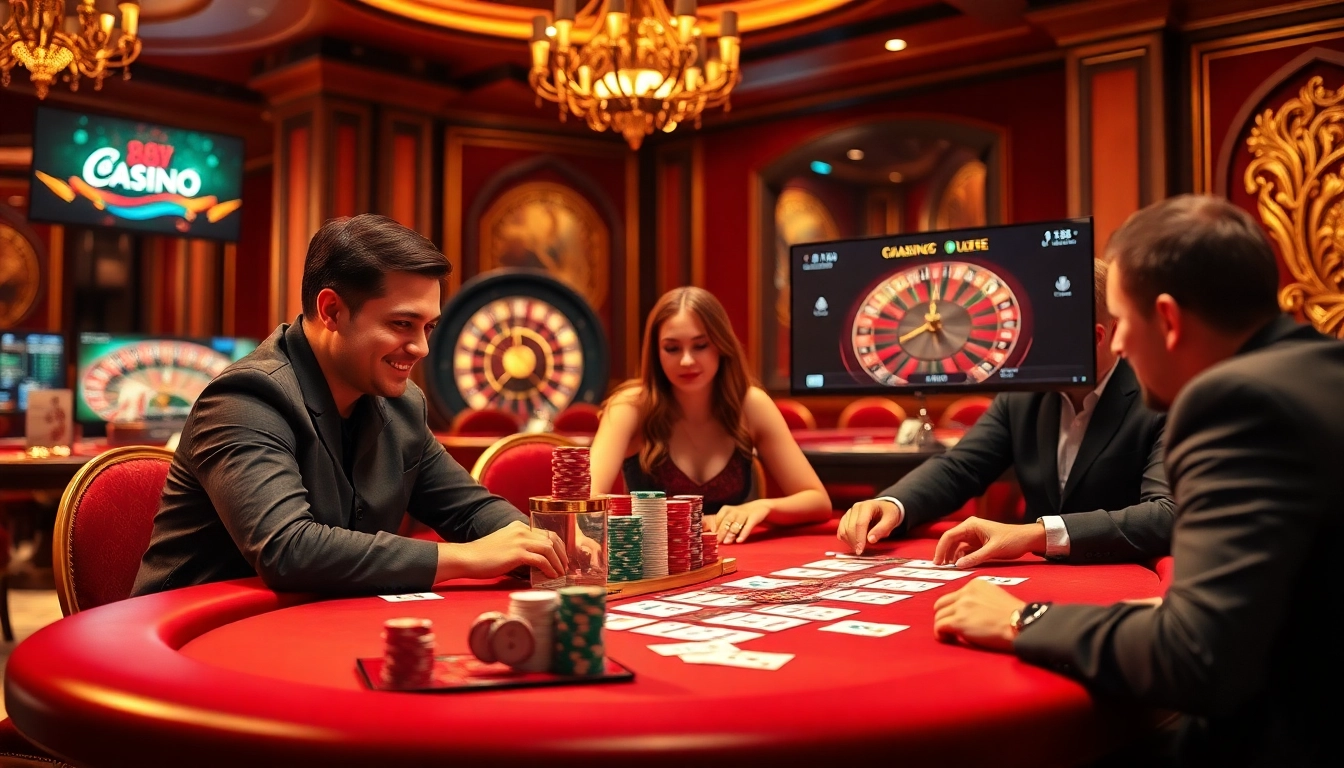 Players at a poker table in a luxurious casino setting at https://88ii88.com/ engaging in high-stakes gambling.