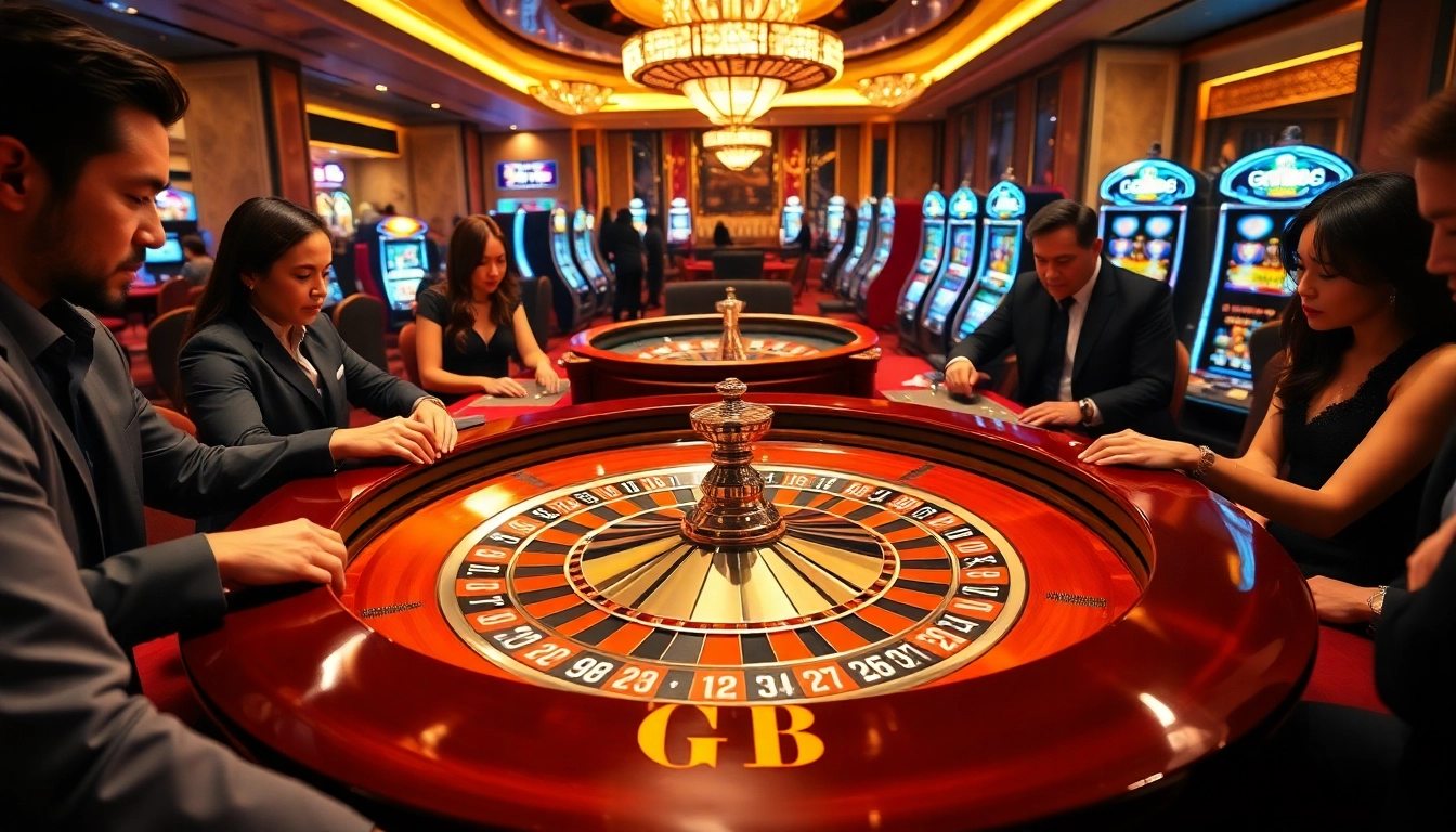 Players enjoying roulette at GG88 in a vibrant casino setting with illuminated decor.
