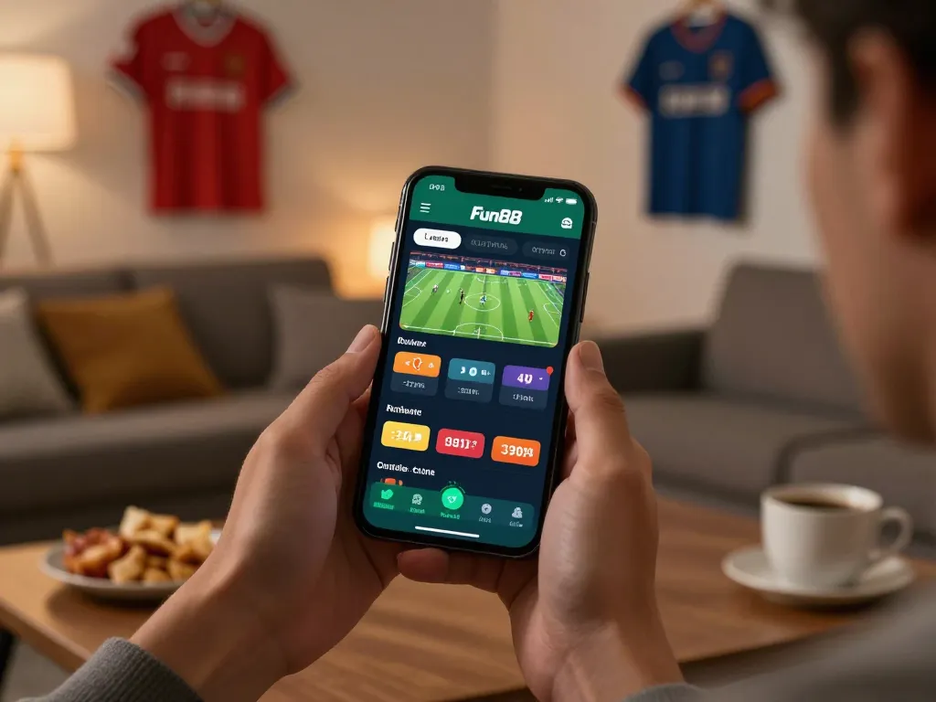 Fun88 app displayed on smartphone for live sports betting in a cozy home setting