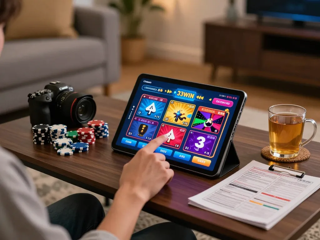 Engaging with the 33WIN casino app on a tablet, showcasing online gaming excitement