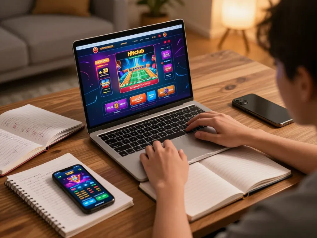 Hitclub player strategizing with laptop and notes in a cozy home gaming setup