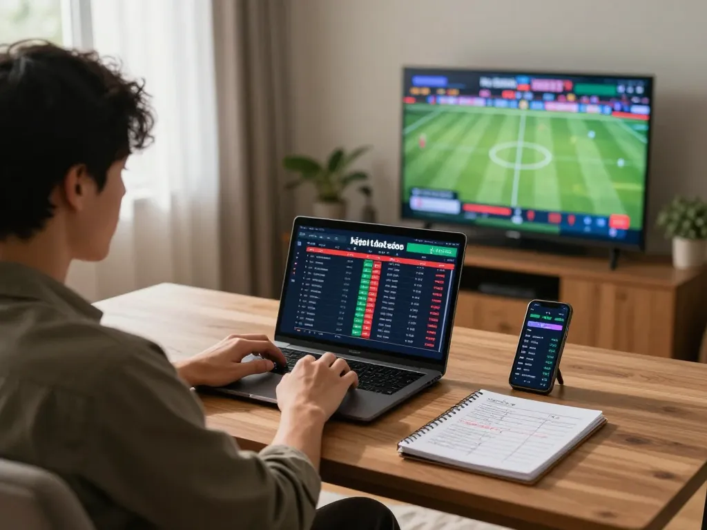 Person analyzing kèo nhà cái data while engaged in online sports betting at home, showcasing strategy.