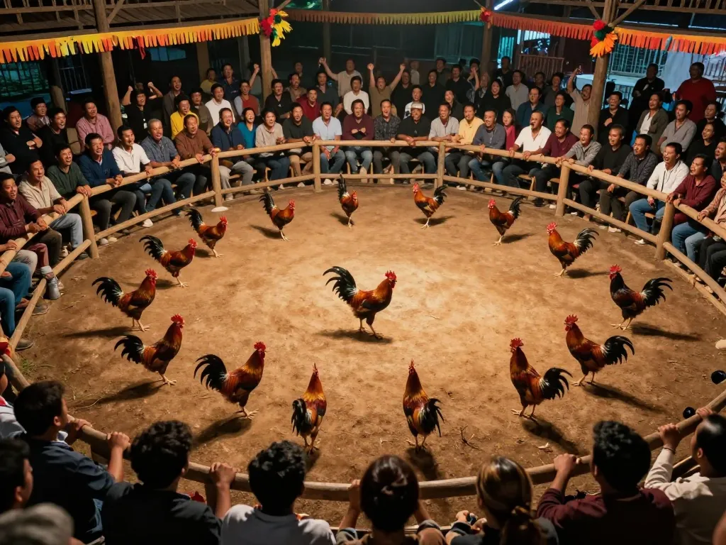 Witness thrilling Đá gà trực tiếp action with vibrant roosters battling in a lively arena atmosphere.