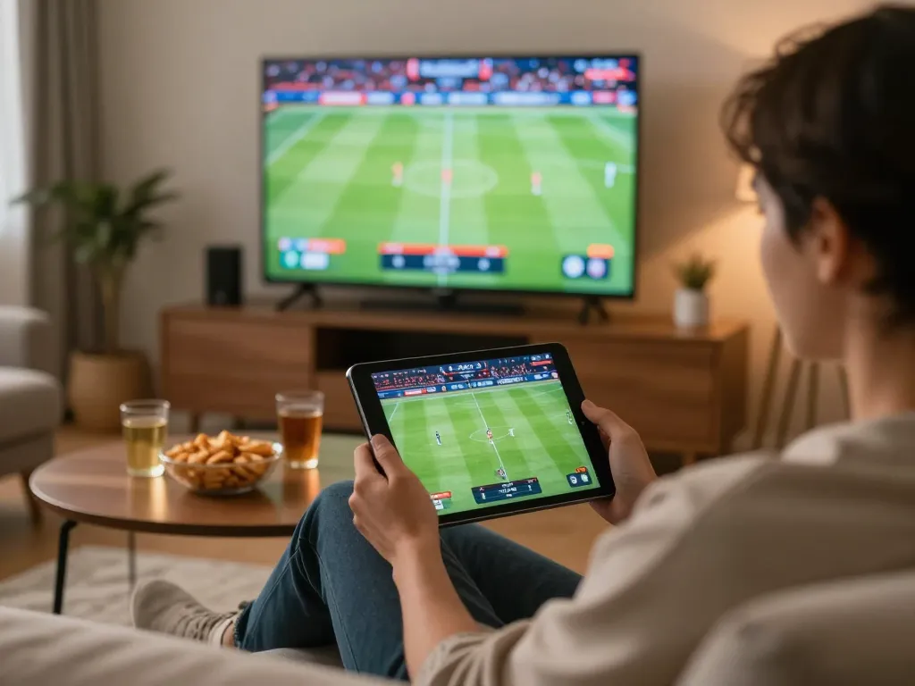 Engage with kết quả bóng đá through live sports betting on a tablet in a cozy home setting.