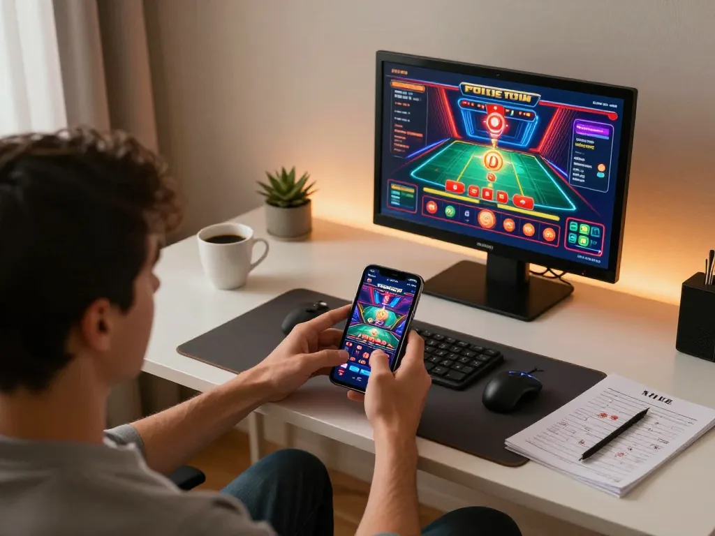 F168 player engaging in immersive online casino experience using a mobile app at home.