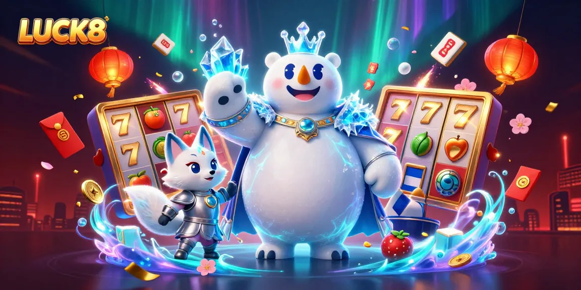 Spin the reels in LUCK8 with a vibrant 3D animated casino illustration featuring ice king and festive elements.