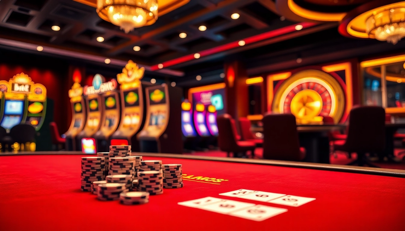 Experience the excitement of playing casino games at Hello88 with vibrant poker tables and lavish slot machines.