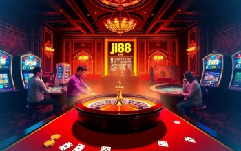 Players enjoying vibrant j88 slot machines and roulette in a luxurious casino setting.