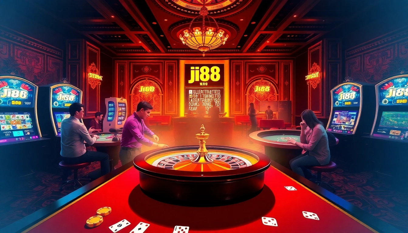Players enjoying vibrant j88 slot machines and roulette in a luxurious casino setting.