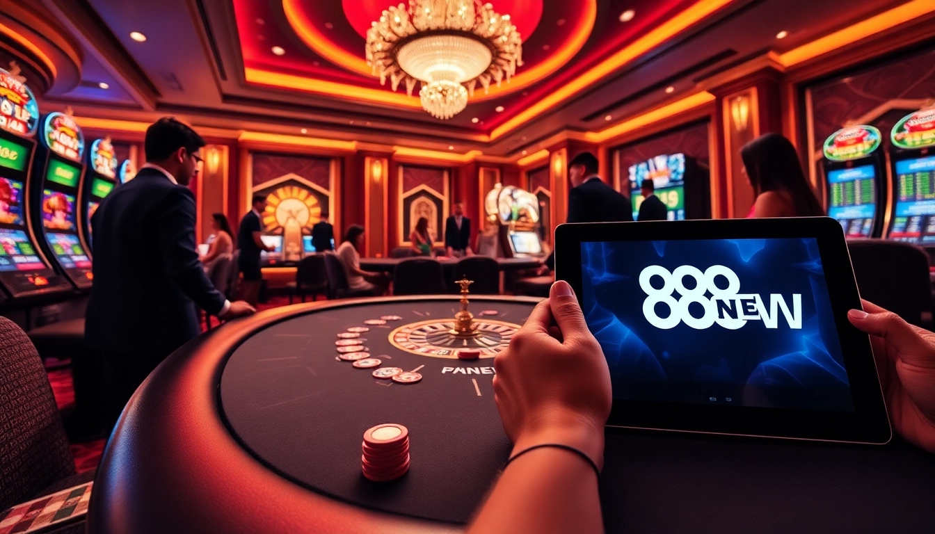 Players enjoying high-stakes games at 888NEW casino with vibrant atmosphere and slots.