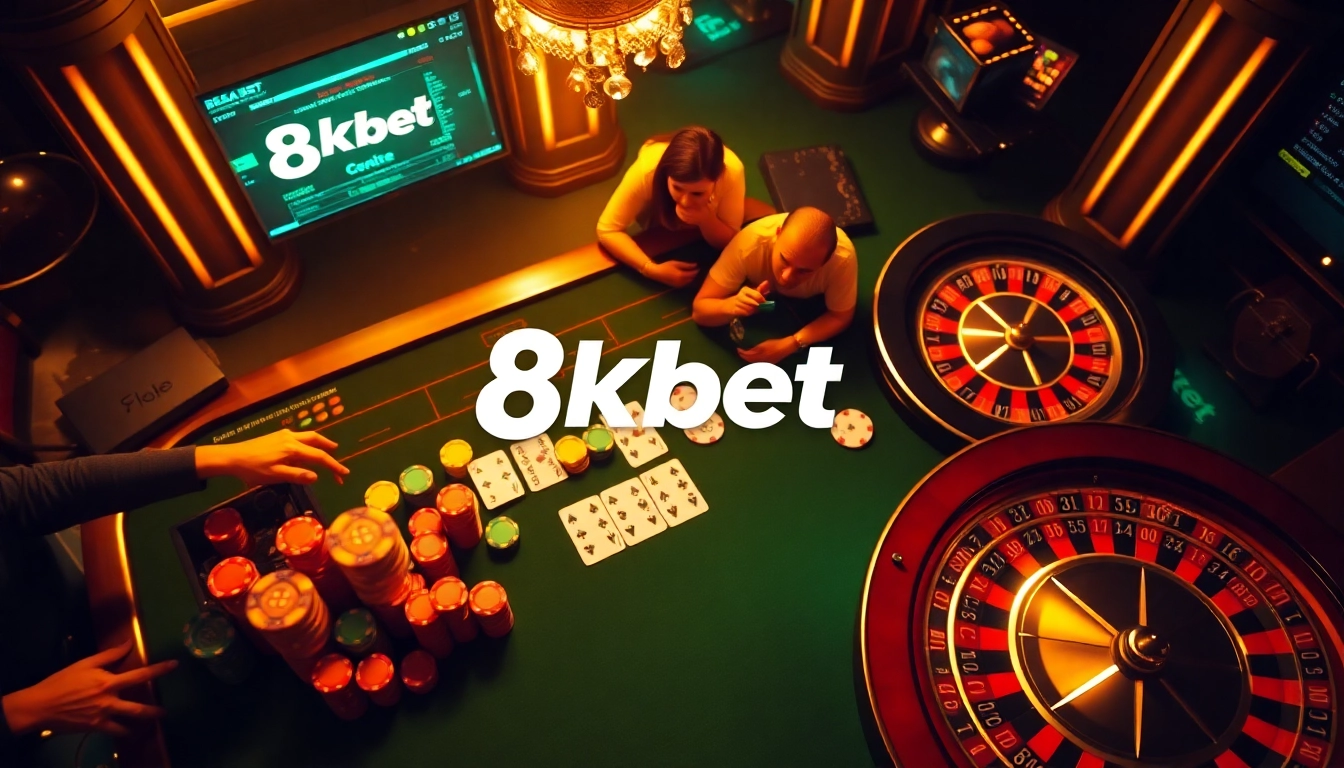 8kbet's thrilling casino experience with poker chips, cards, and a roulette wheel.