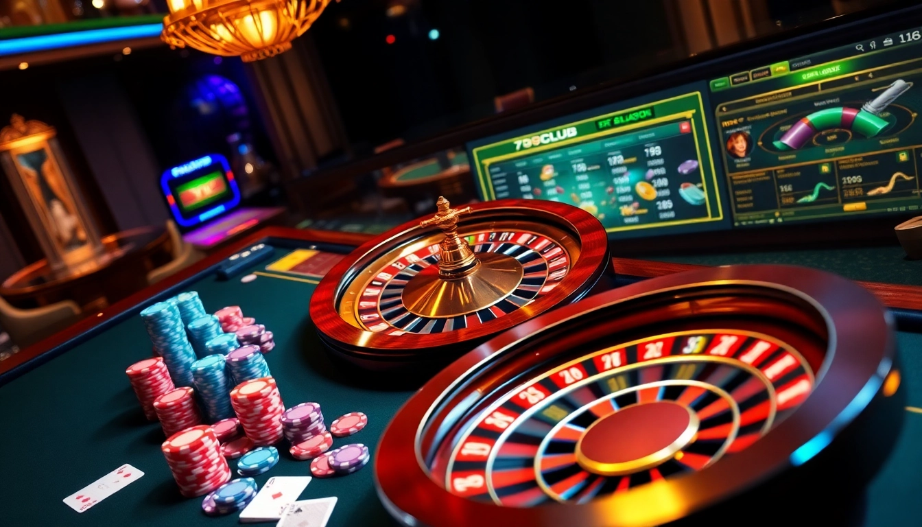 Experience the excitement of gambling at 789club with vibrant poker tables and roulette wheels.