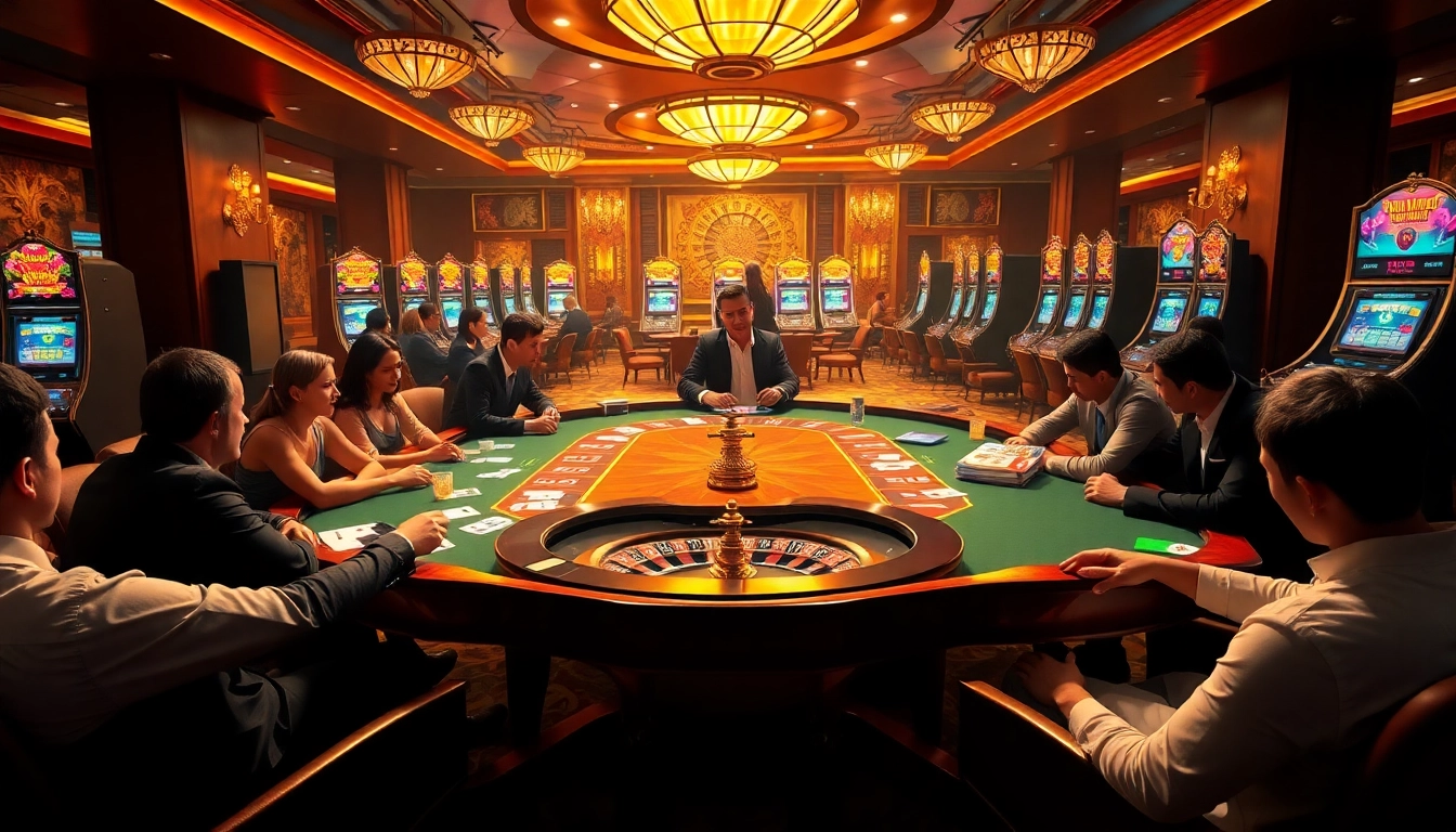 Exciting gambling action at loto188.gb.net with players engaging in poker, roulette, and slot machines.