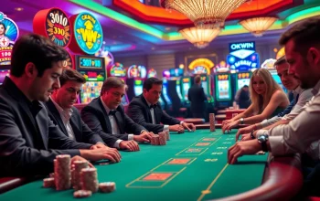 Okwin players strategizing at a high-stakes poker table in a luxurious casino.