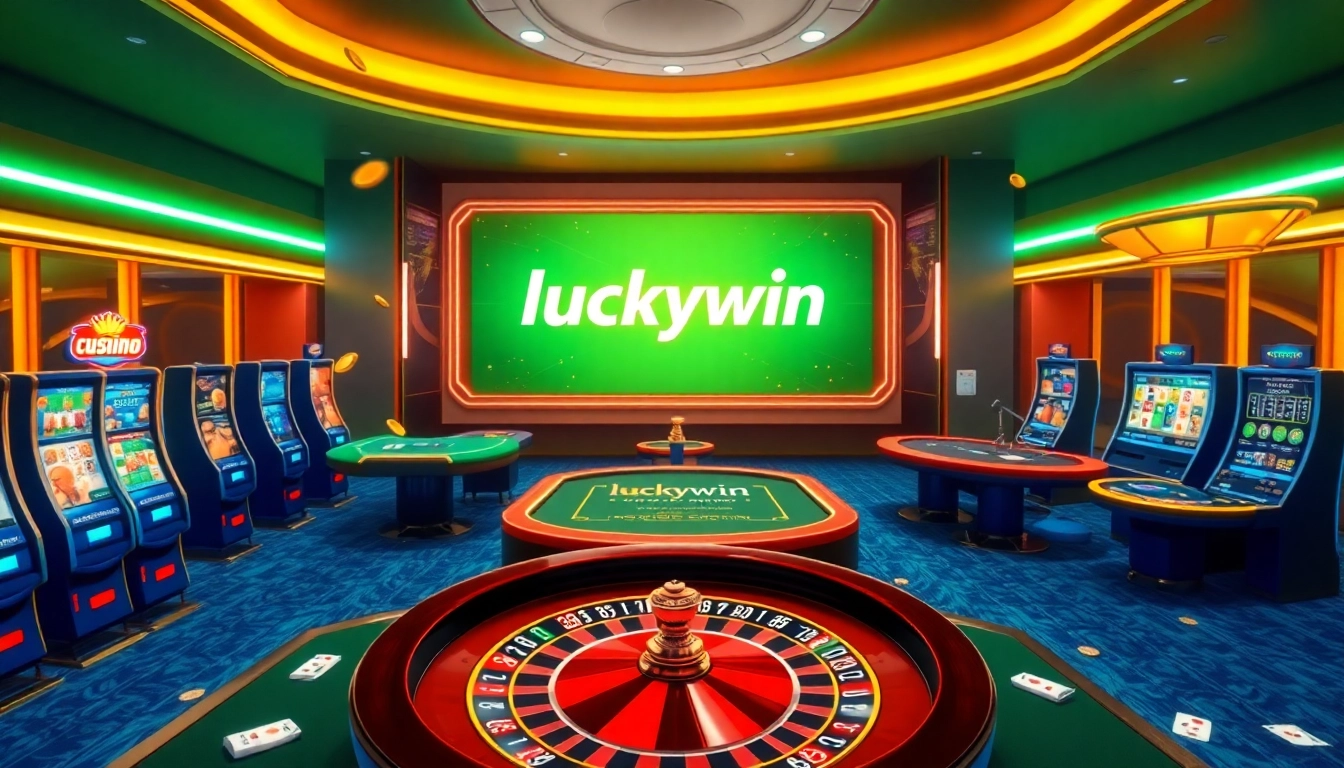 Experience the thrill of luckywin with vibrant online casino visuals, showcasing slot machines and poker tables.