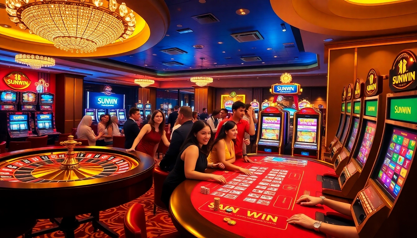 SUNWIN casino excitement with vibrant roulette and engaging players in a luxurious scene