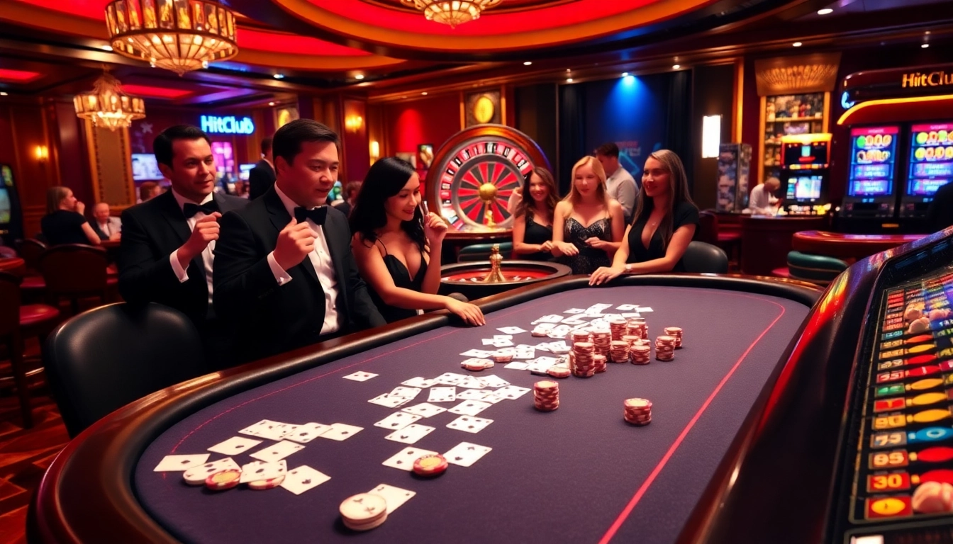 Hitclub casino table with vibrant poker scene and neon lights, showcasing high-stakes excitement.