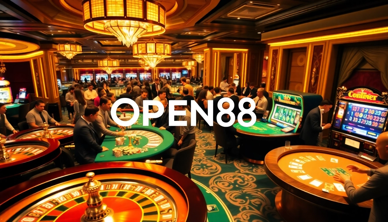 Exciting gambling scene showcasing OPEN88 casino with vibrant roulette and poker tables