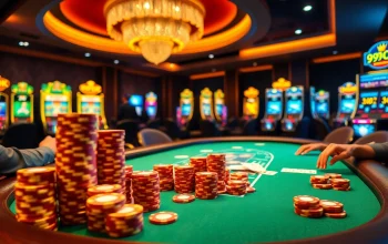 99ok players strategizing at a poker table with colorful chips and luxurious decor.