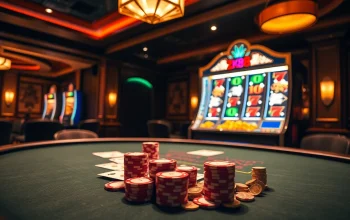 ZK88 gaming table with poker chips and a winning slot machine jackpot in a luxurious casino.