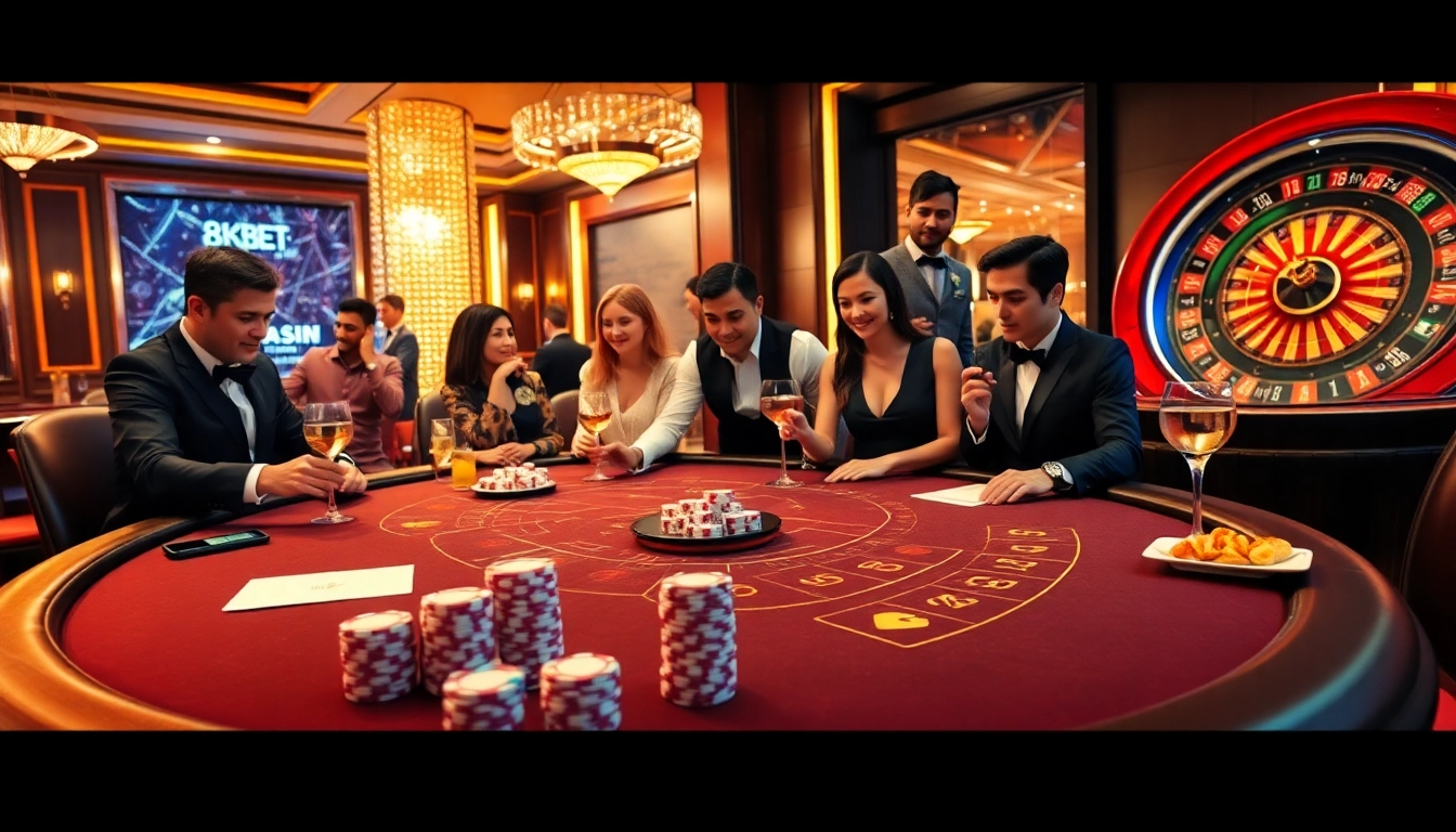 Excited gamers at a luxurious 8KBET casino with roulette, blackjack, and poker elements.