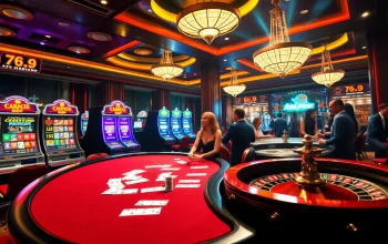 A vibrant casino scene with players enjoying games at 789club, showcasing poker tables and slot machines.