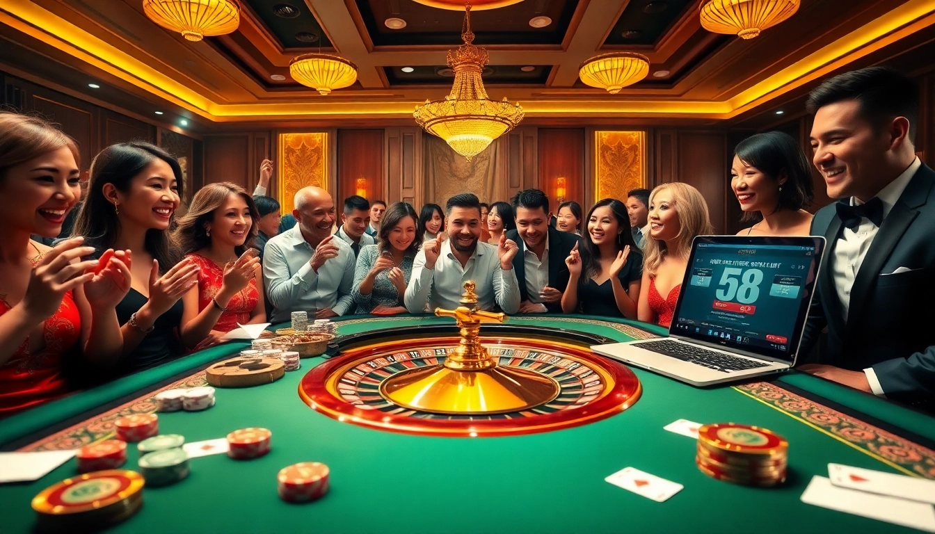 Players enjoying a thrilling game at 58win casino table with cards and chips.