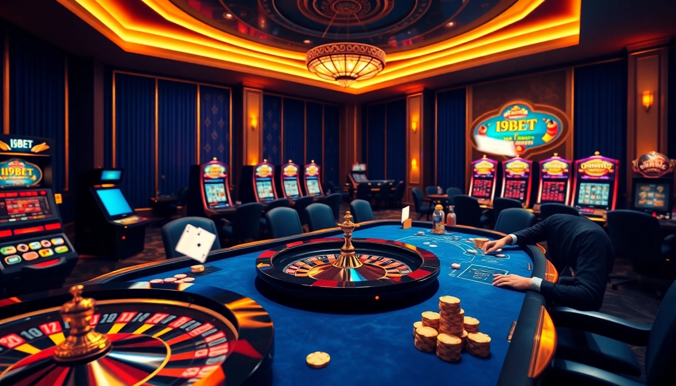 I9BET online casino experience featuring vibrant slot machines and poker chips at a roulette table.