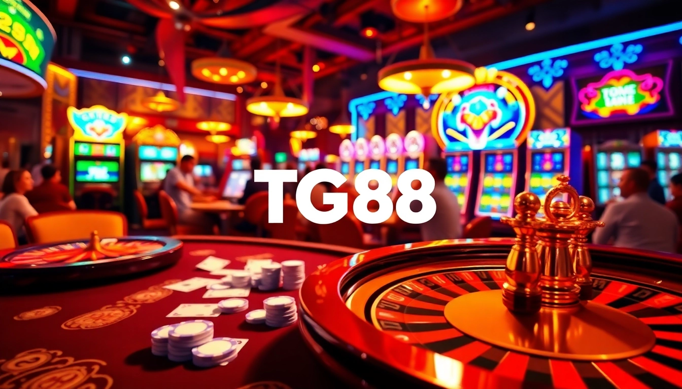 Experience the excitement of online gaming at TG88 with a dynamic casino scene featuring roulette and poker.