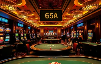 Excited gamblers playing at the luxurious "65A" casino tables with vibrant slot machines and chips.