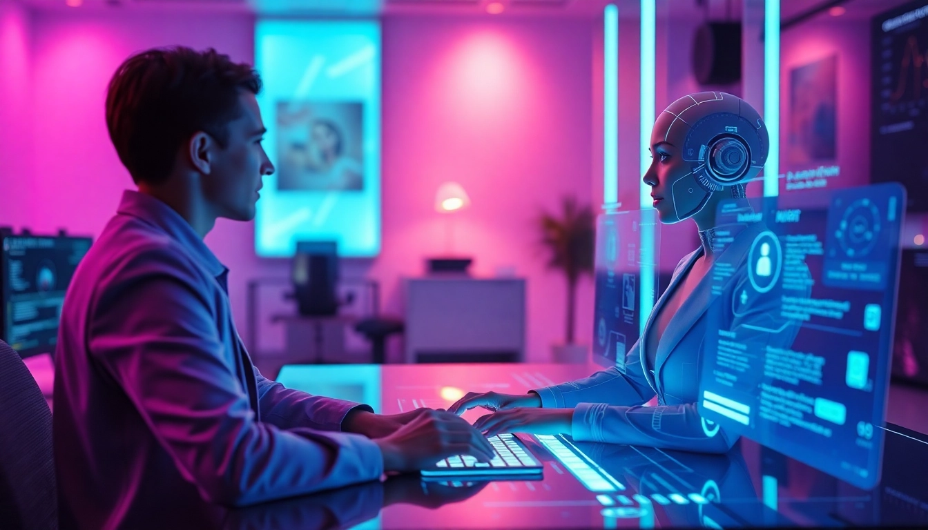 Engaging NSFW AI interaction showcasing ai nsfw avatar in a high-tech workspace.