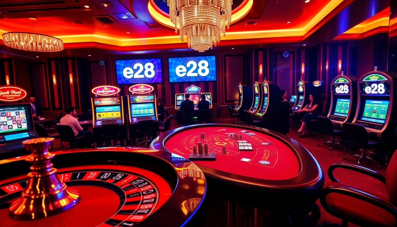 e28 online casino featuring luxurious tables, vibrant slot machines, and engaged players enjoying big wins.