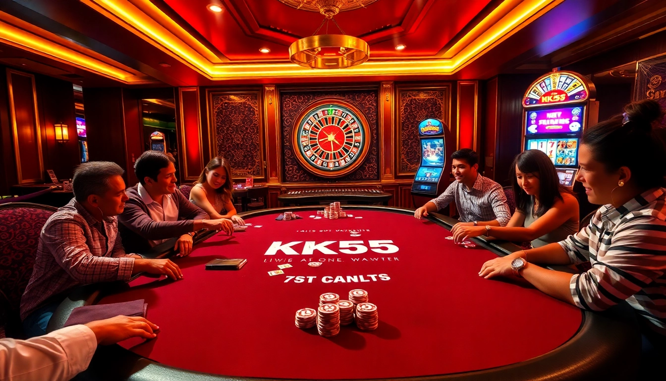 KK55 poker table scene showcasing thrilling gameplay with chips, cards, and a roulette wheel.
