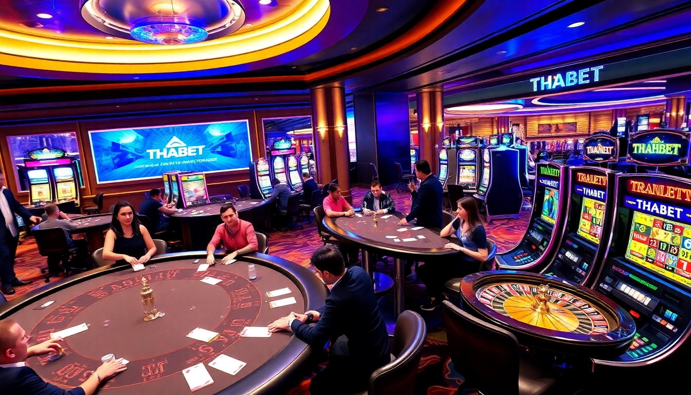 THABET casino gaming floor with poker tables, roulette wheels, and excited players celebrating wins.