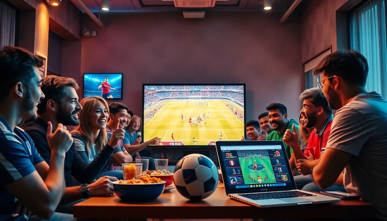 Excited football fans enjoy a live match on LuongSonTV, showcasing a vibrant sports streaming setup.