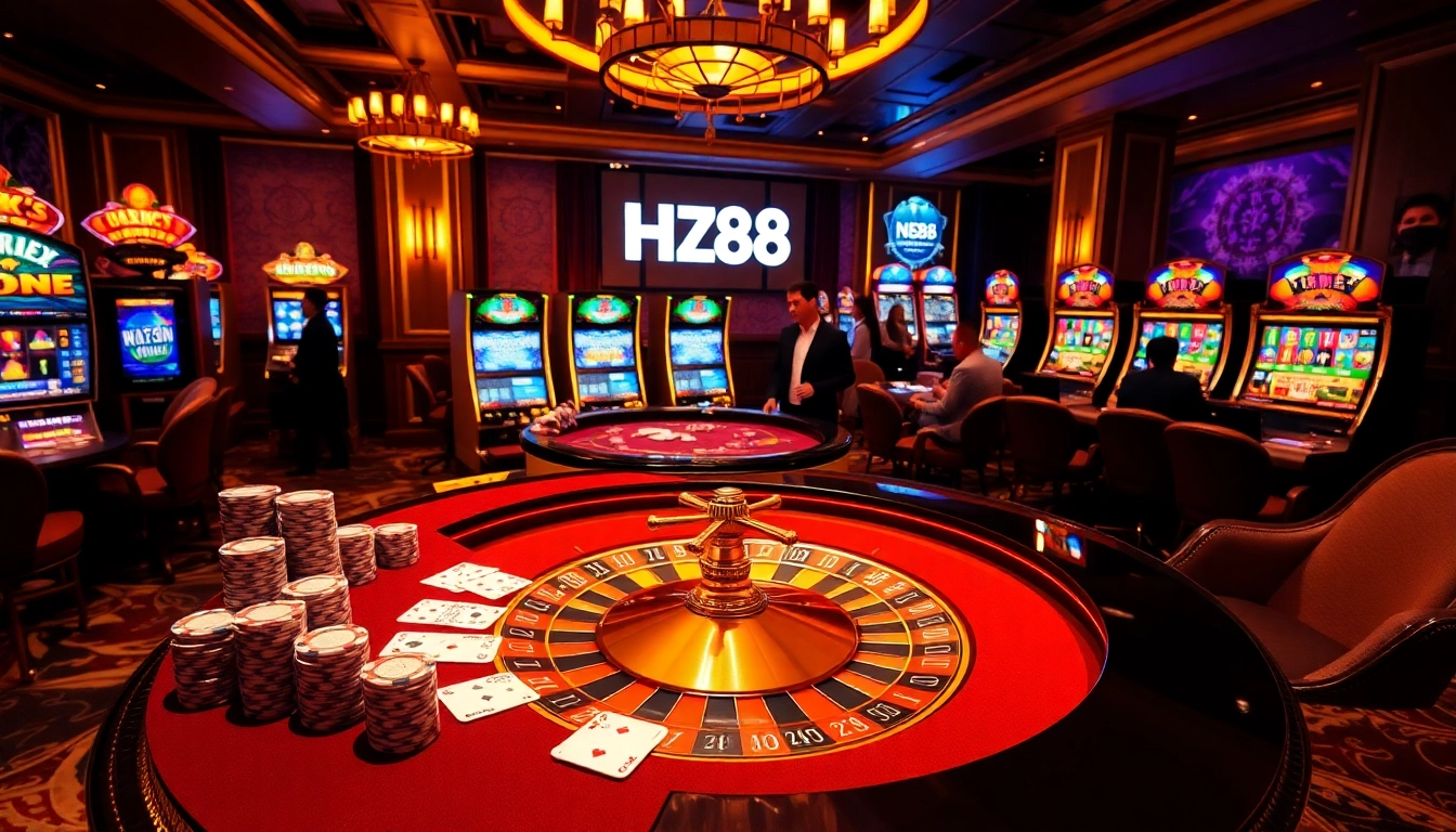 Play at HZ88's luxurious casino with vibrant slot machines and exciting poker tables.