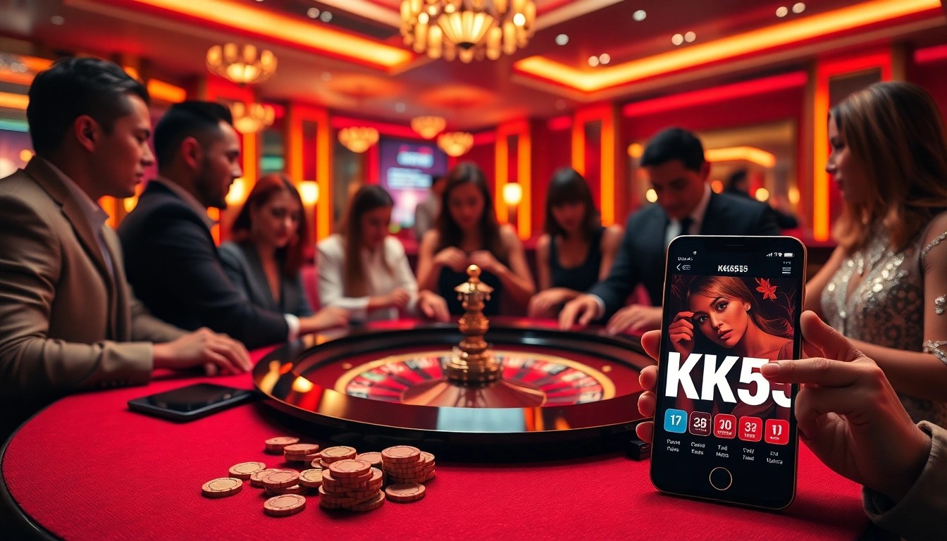 Players enjoying roulette at a luxurious casino with KK55 app displayed nearby.